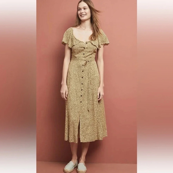 Anthropologie Bolano Leopard Print Romantic Ruffle Shoulder Dress Size 12 Large - Picture 9 of 9